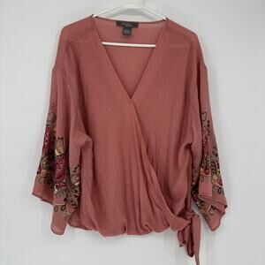 Olivia & Martin Blouse Womens Large Pink Embroidered Kimono Sleeve Wrap Top